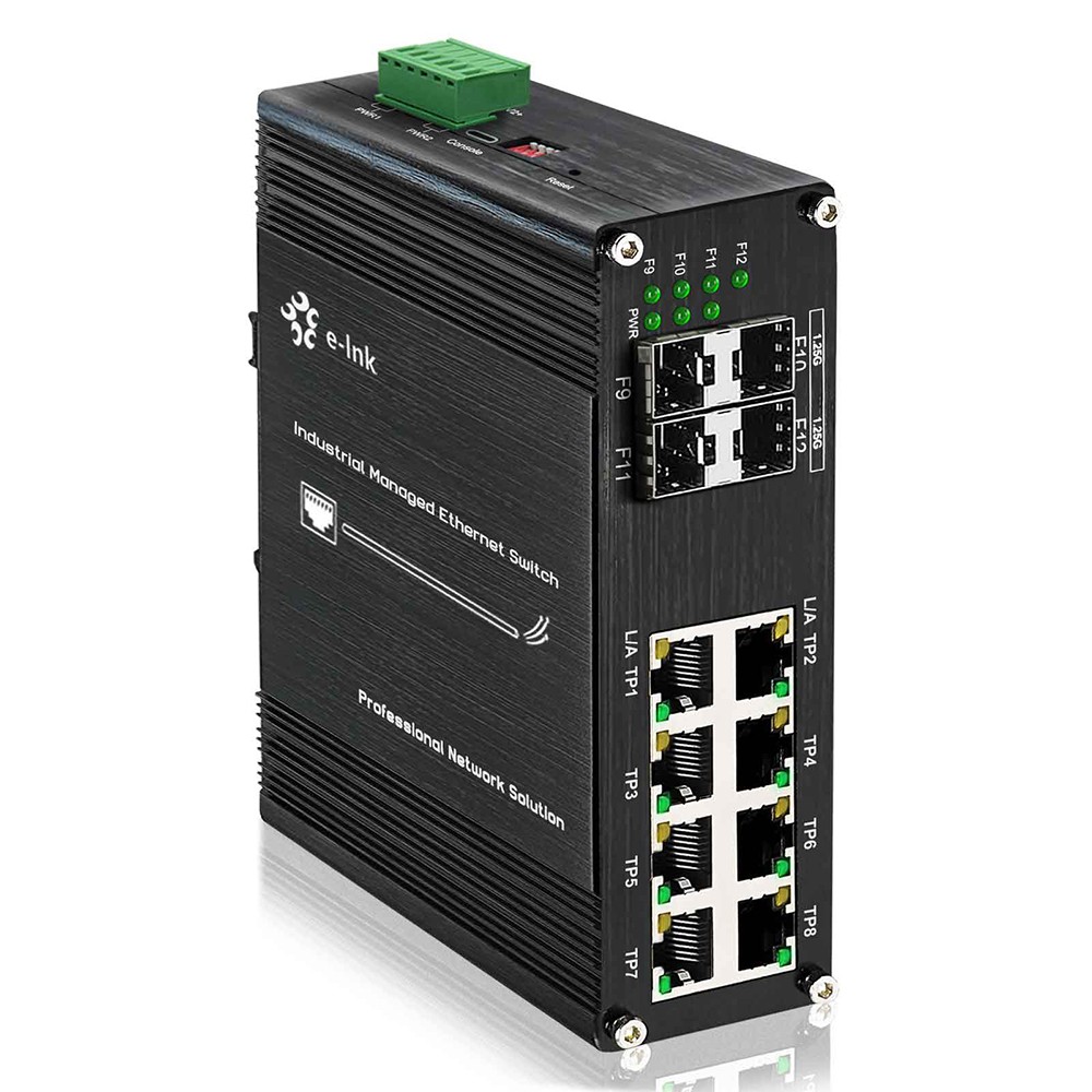 Industrial L2+ Managed 12-Port Network Fiber Switch 10G Uplinks (8×RJ45 + 4×SFP)