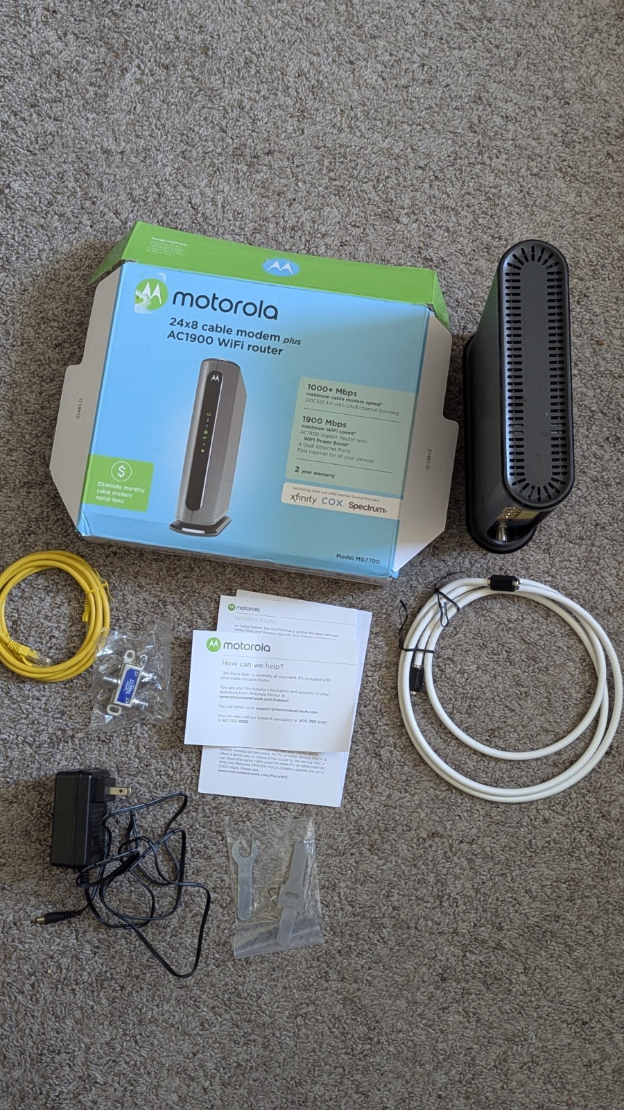 Motorola MG7700 24x8 Cable Modem + AC1900 WiFi Router — Complete Bundle, Used