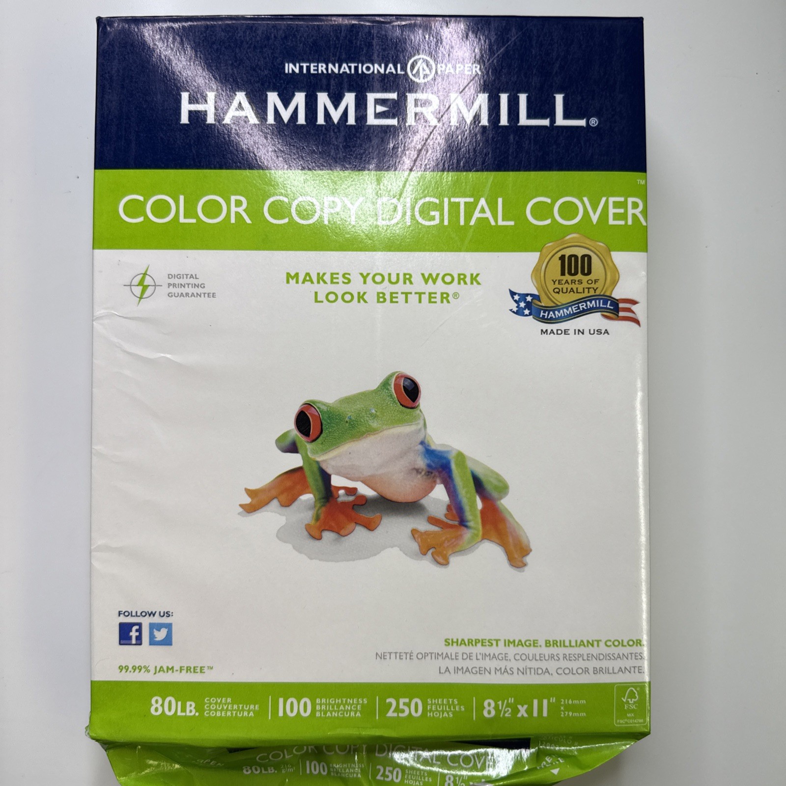 Hammermill 80lb. Cover Paper White 100 Brightness,  8.5”x11”, 250 Paper Sheets 