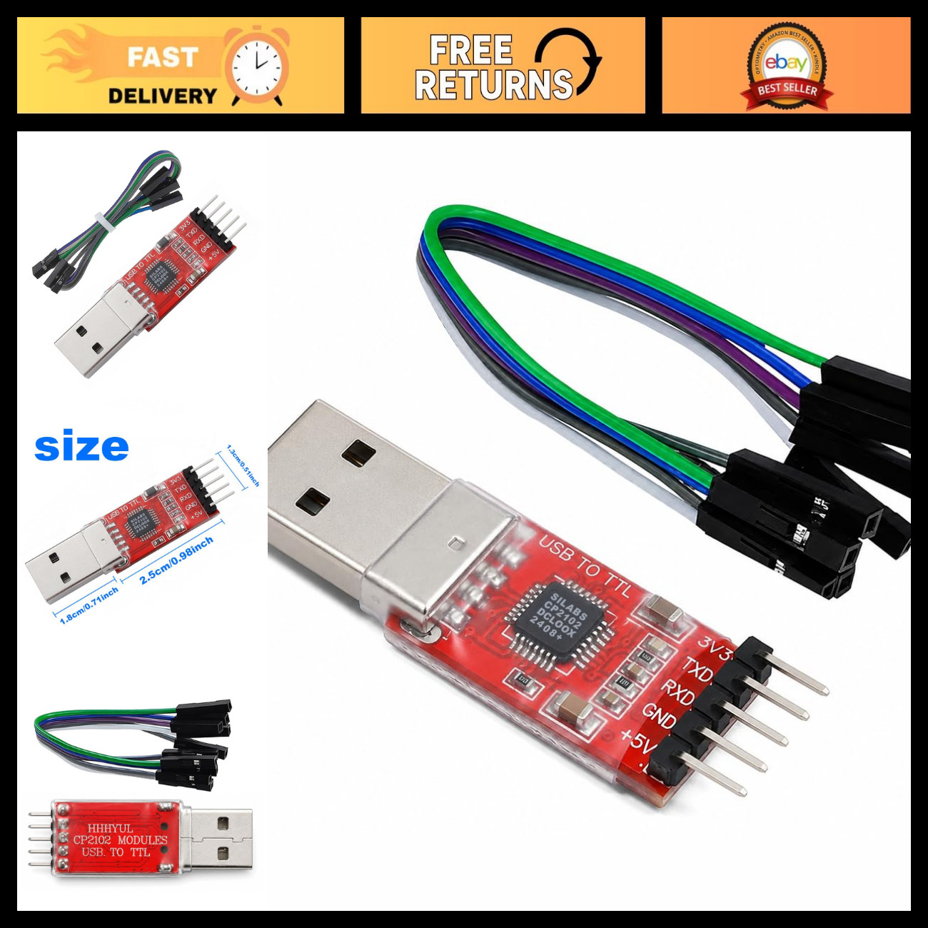 USB to TTL Serial Adapter - 5Pin UART Converter Module, 3.3V/5V Output, Jumper W