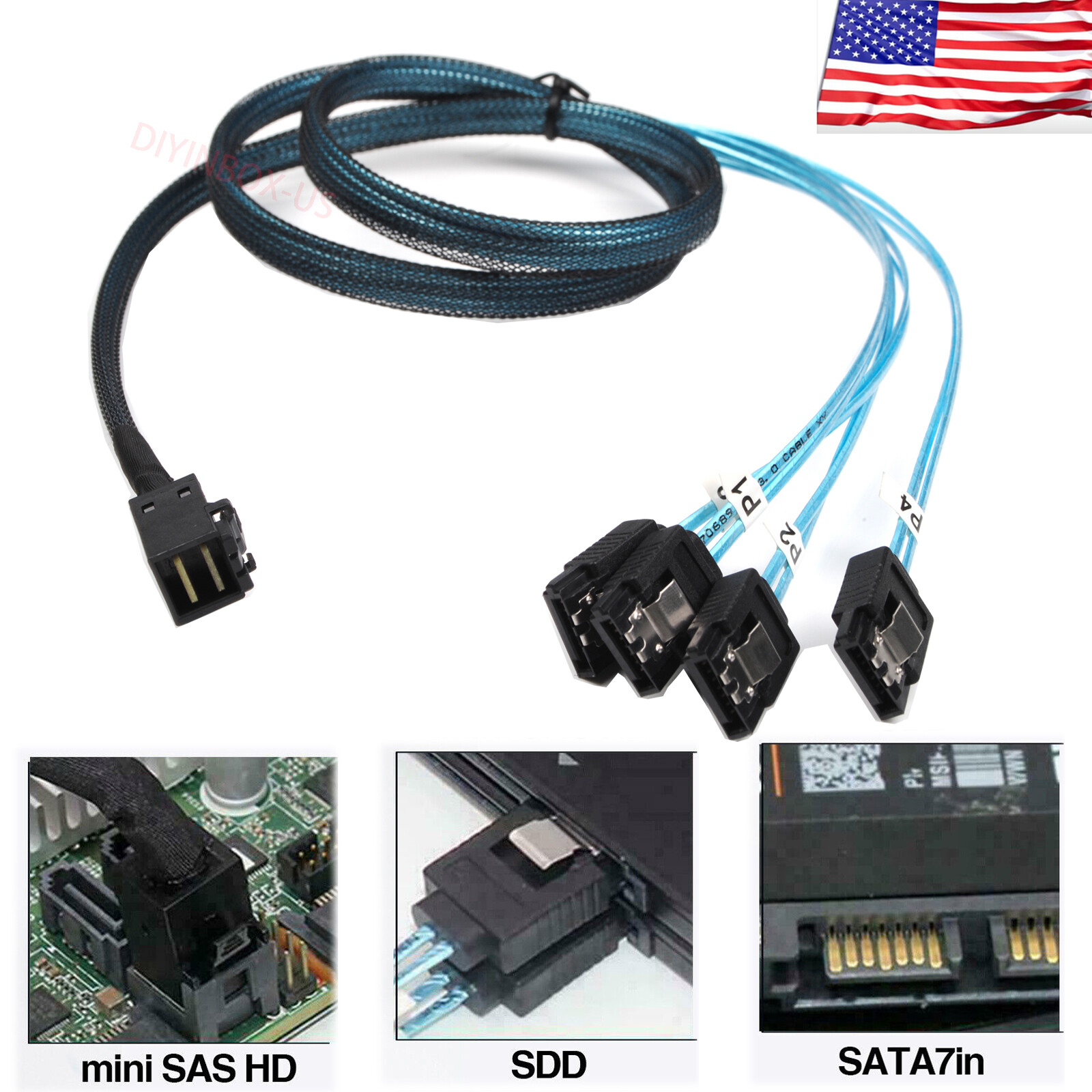 Mini High Quality SAS HD SFF8643 to (4) SATA Breakout Forward Cable 1M =LSI00411