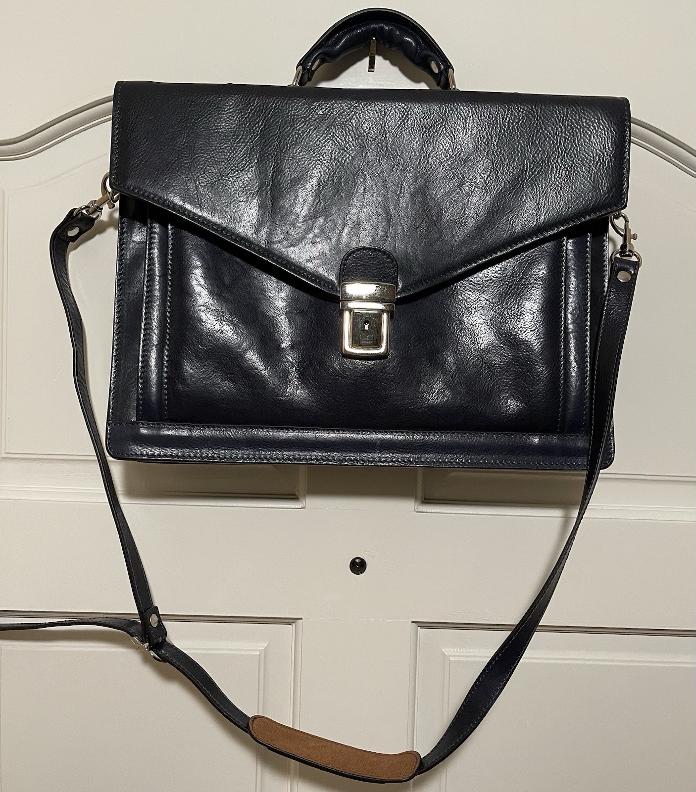 Time Resistance Navy Blue Leather Briefcase 15" Laptop Sleeve Strap