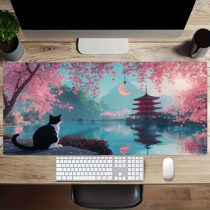 1pc 2D Flat, Large - Themed Cherry And Lake View Gaming Desk Mat - Oversized N