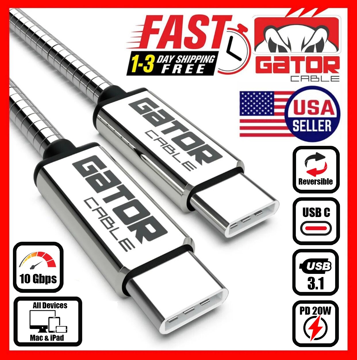 USB-C to USB-C 3.1 Charger Data Cable Type-C Male Fast Charge PD 60W 5A 10Gbps