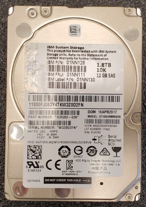 IBM 1.8TB 10K 12Gbps 2.5" SAS HARD DRIVE 01NN128