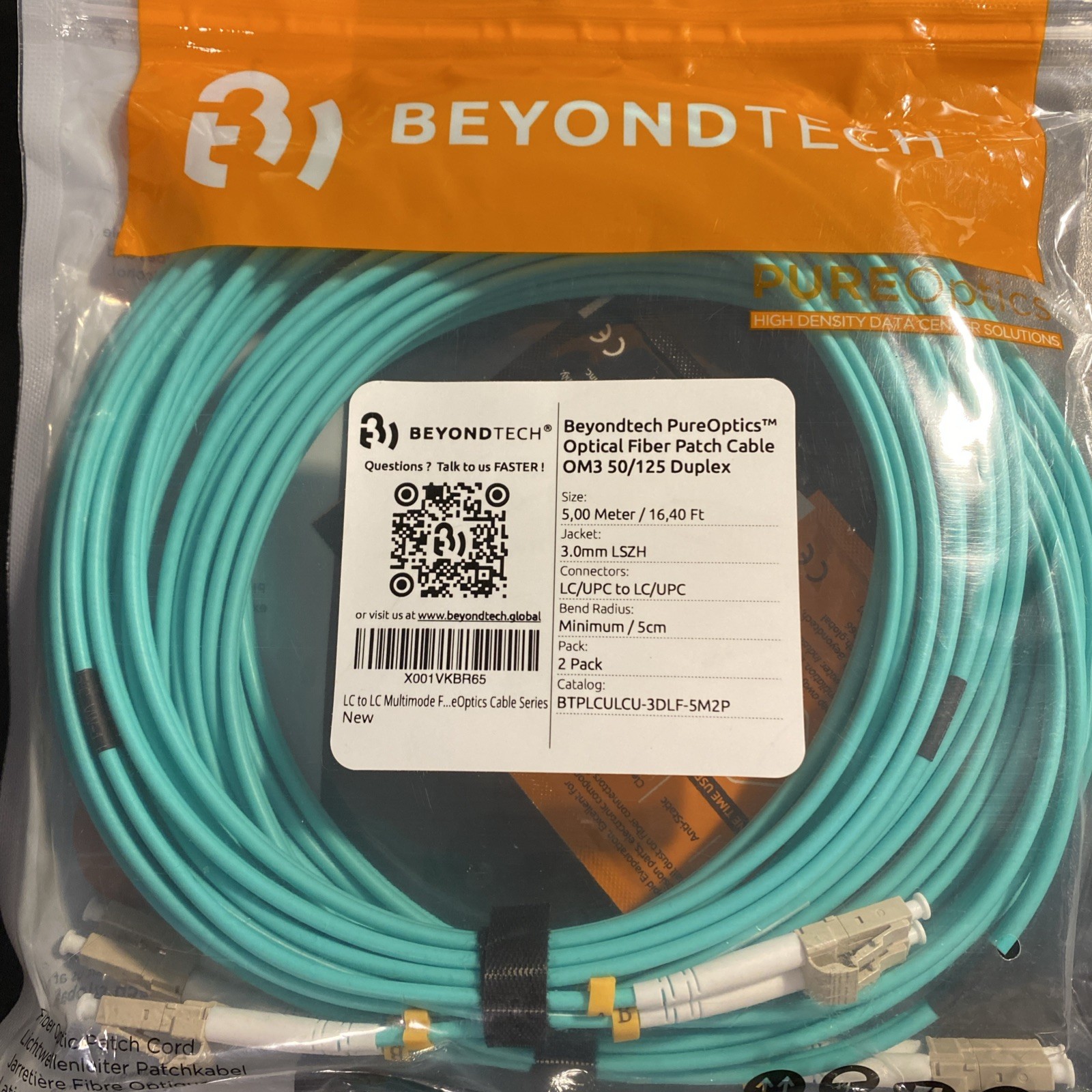Beyondtech LC/UPC-LC/UPC Optical Fiber Patch Cable OM3 50/125ųm Duplex 5M- 2Pk