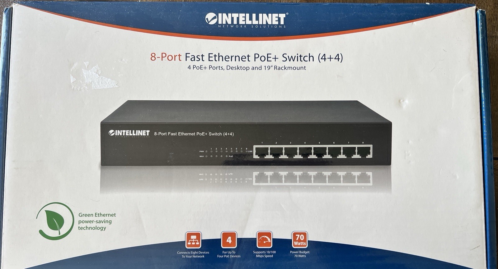 Intellinet 8-Port PoE+ Switch 561075 Fast Ethernet 4+4 New Open Box Complete
