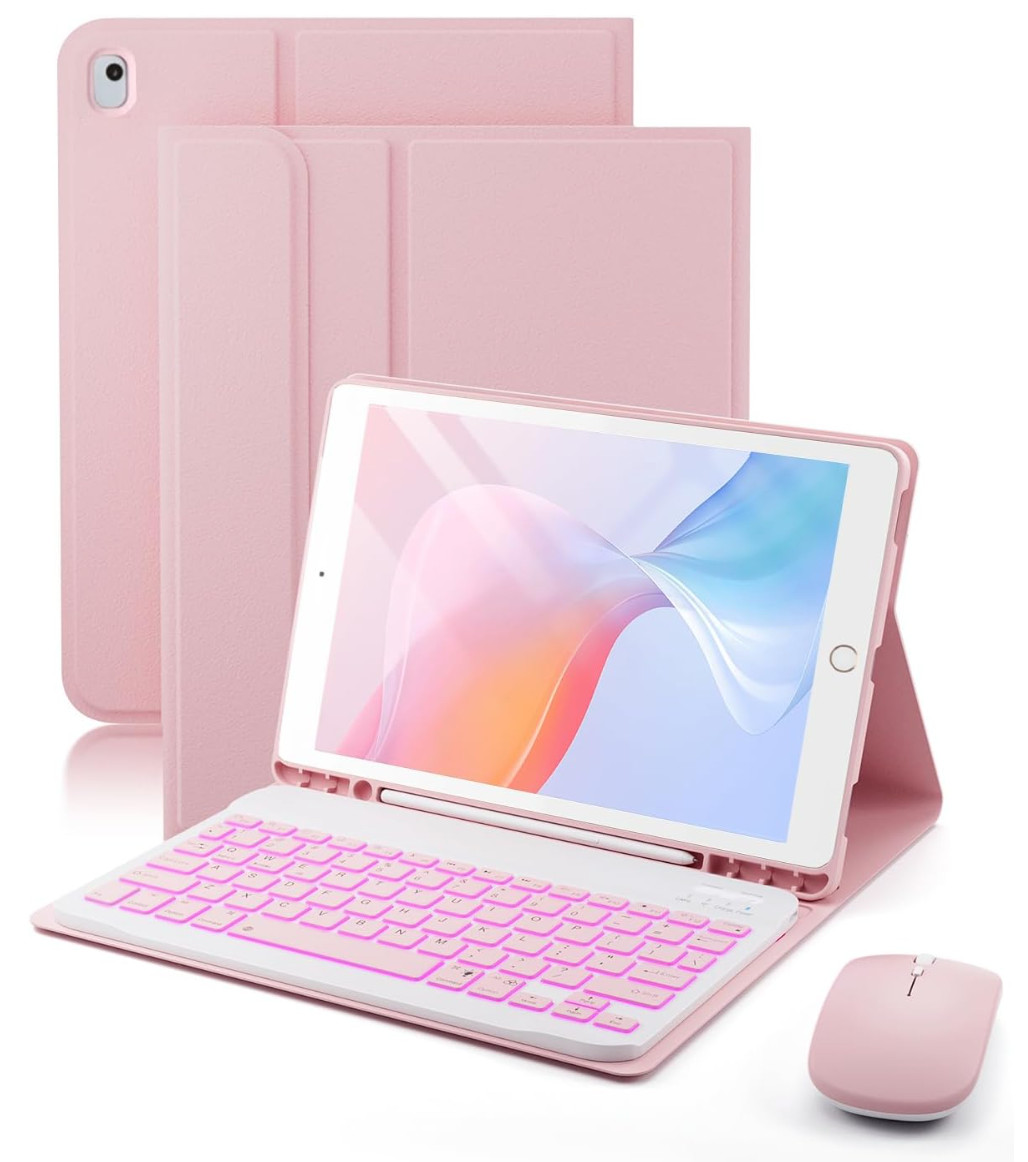 TUNKARMOR iPad 10.2" Keyboard Case Pink Backlit Keyboard with Mouse