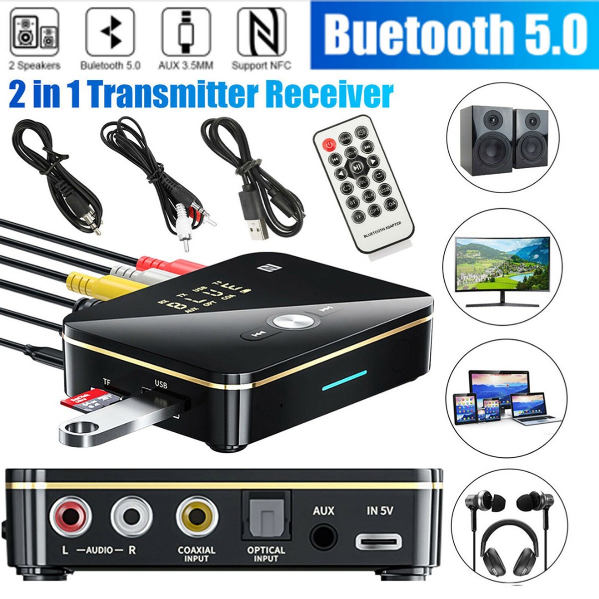 NFC Wireless Bluetooth 5.0 Audio Transmitter Receiver HiFi Music Adapter AUX RCA