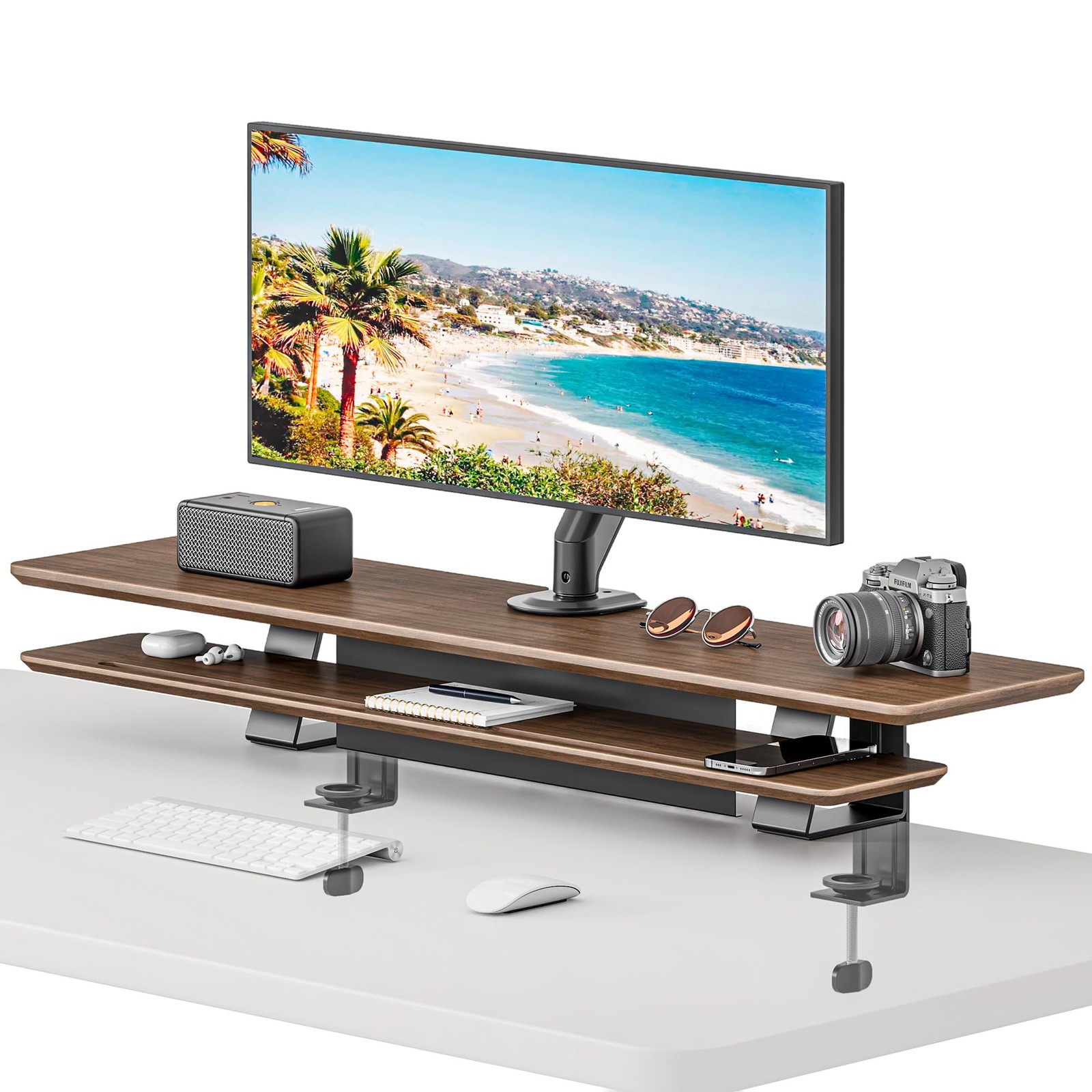 Dual Clamp-On Wooden Monitor Stand, 41.7" 2-Tier Desk Riser Organizer | Monit...