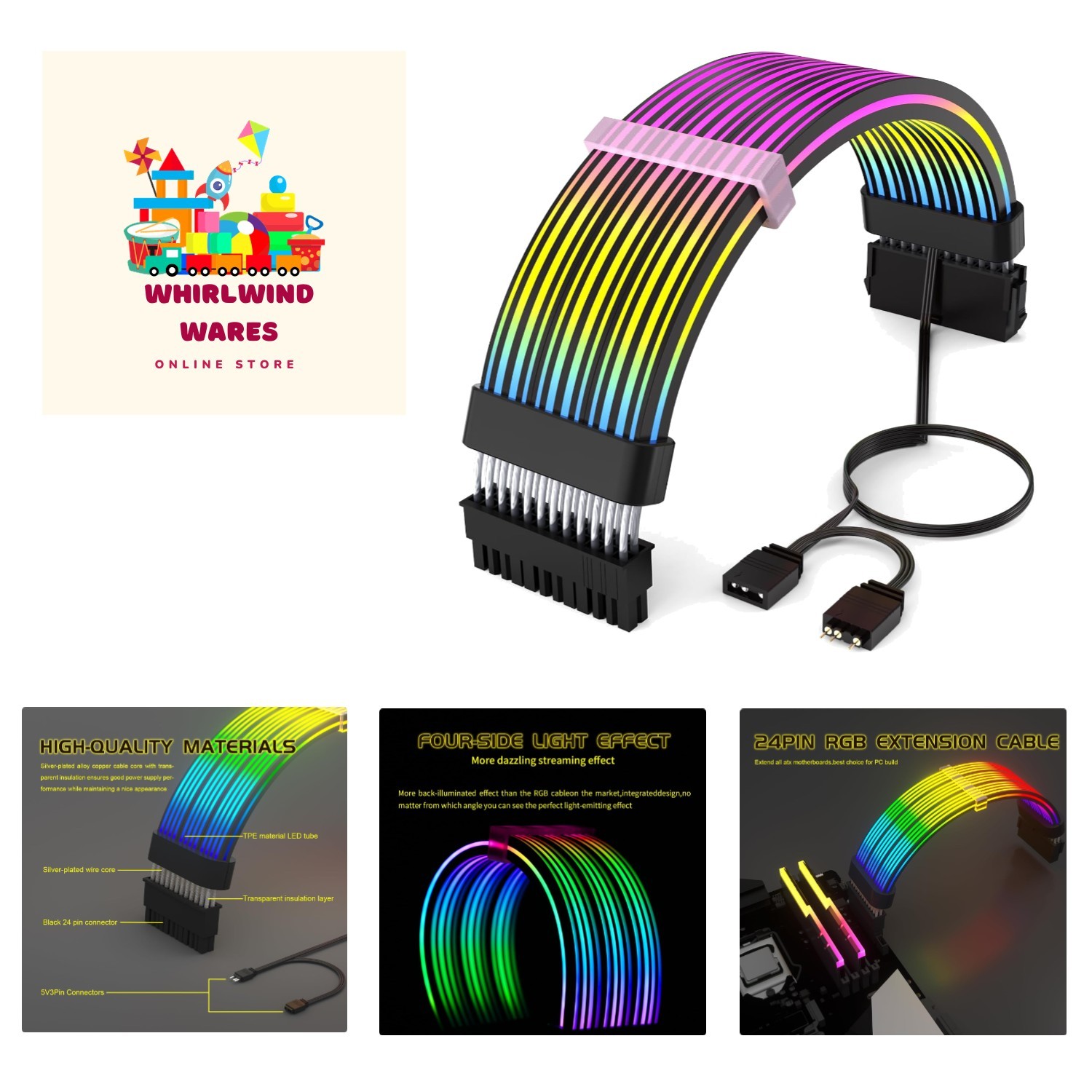 Black 24Pin 4-Side RGB PSU Cables Extension,5V 3Pin MB Sync