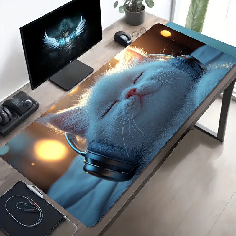 1pc Large-sized Esports Gaming Mouse Pad Featuring an Adorable White Cat with