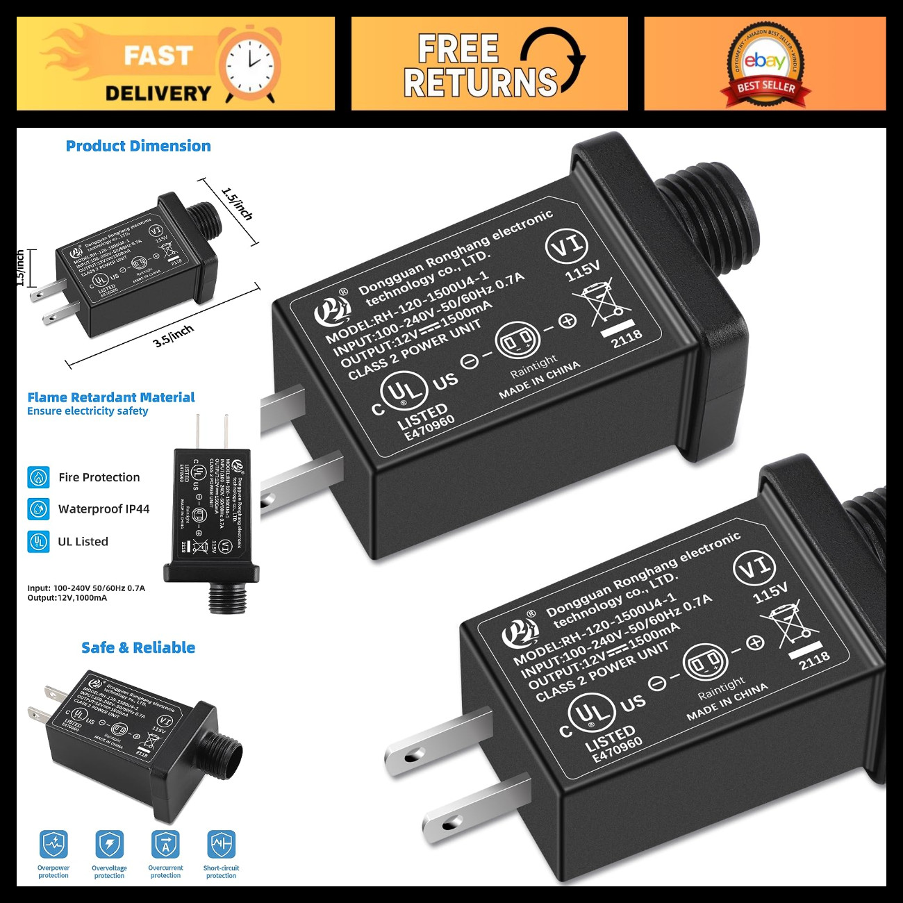 2-Pack Inflatable Adapter 1.5A Transformer US Plug for Holiday Inflatables, 120V