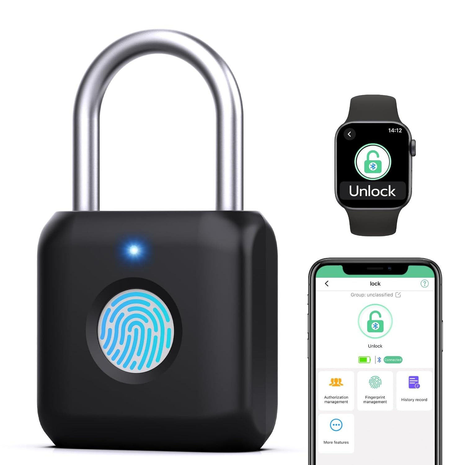 Fingerprint Padlock Smart Bluetooth APP Control Gym Locker Lock Black Security