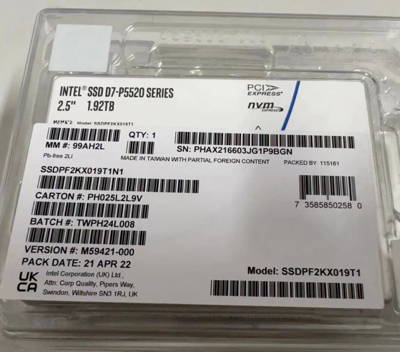 1.92TB Intel SSD P5520 Series DC NVME U.2 2.5" Solid State Drive SSDPF2KX019T1M1