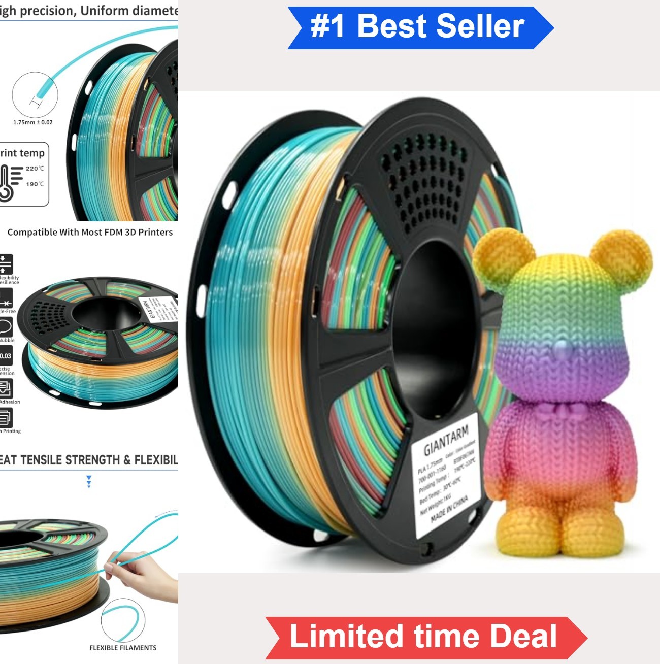 3D Printer Filament PLA 1.75mm Rainbow Color Changing 1kg Spool Vacuum Sealed