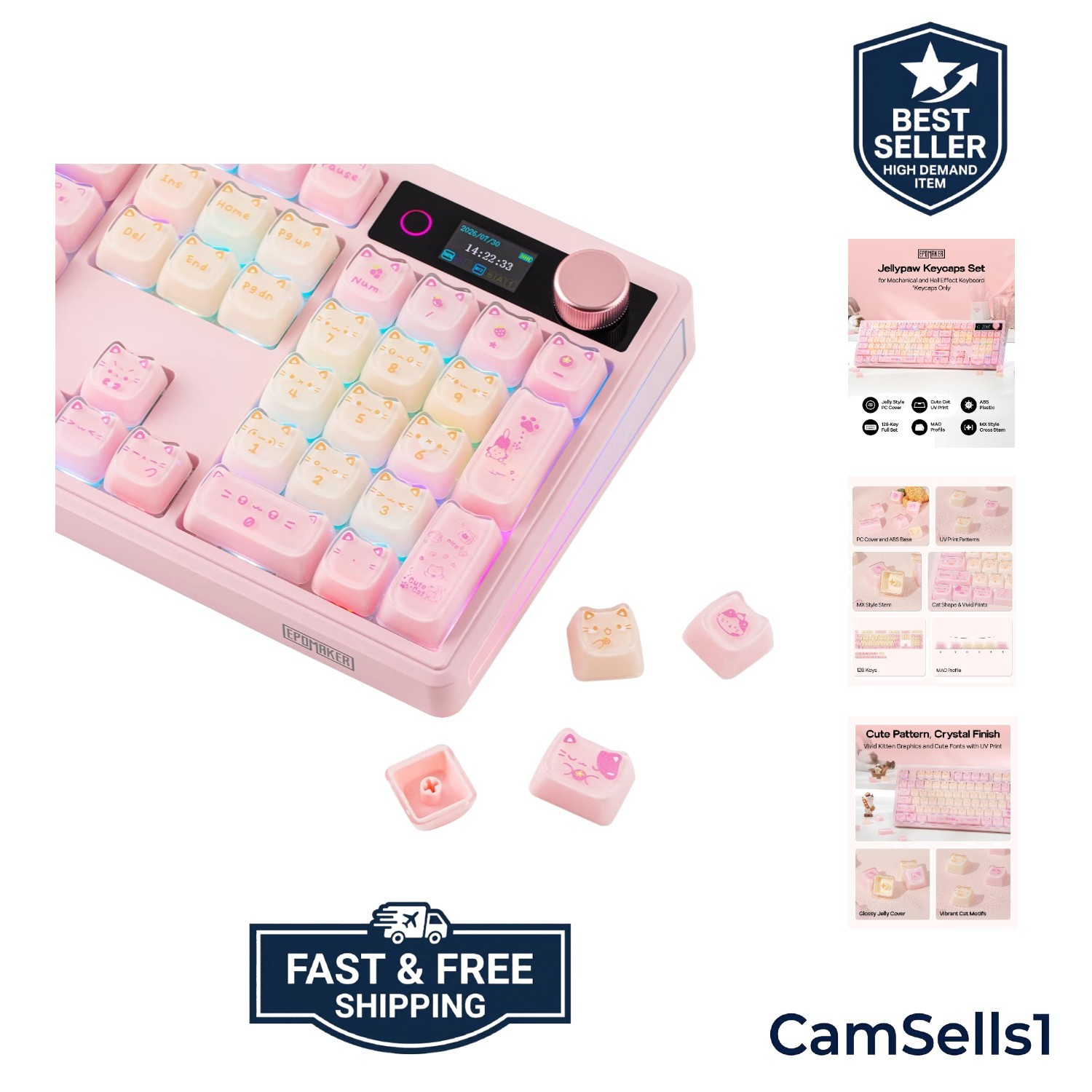 128-Key JellyPaw Keycaps with Cute Cat Design - Perfect for Gaming Keyboards