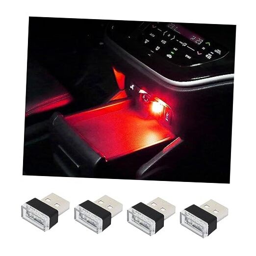 Augeny 4 PCS USB LED Car Interior Atmosphere Lamp, Plug-in USB Decor Night Red