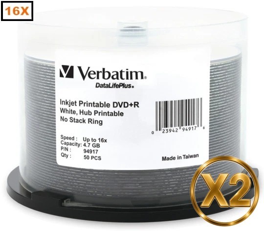 100-Pak VERBATIM DataLifePlus 16X White Inkjet Hub 4.7GB DVD+R's Verbatim 94917