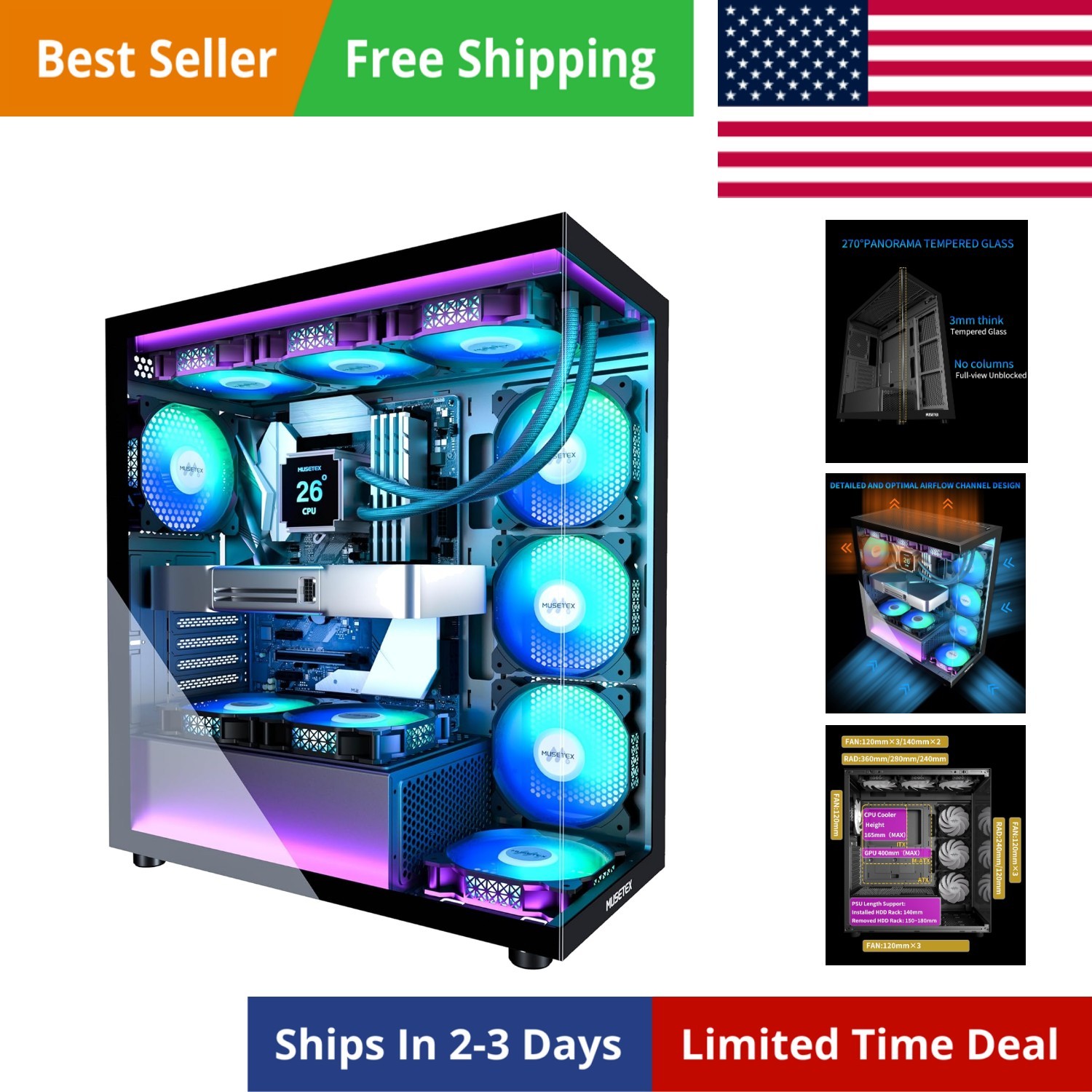 ATX PC Case 7 PWM ARGB Fans Pre-Installed, Type-C Mid Tower Computer Case wit...
