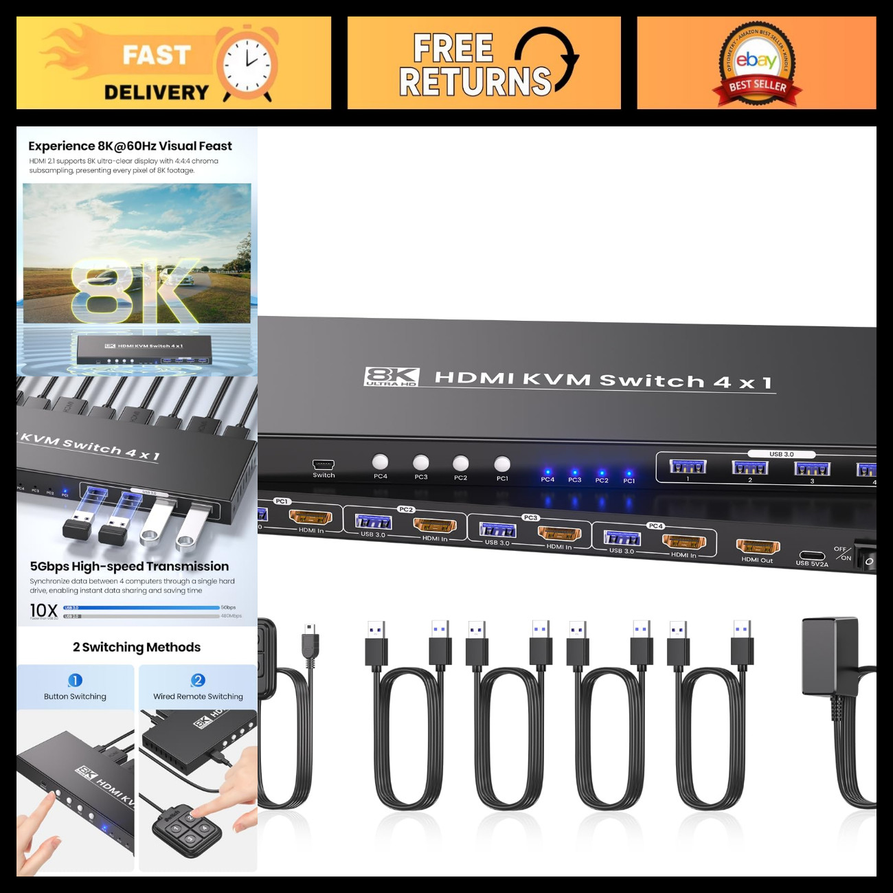 8K 60Hz 4K 120Hz HDMI KVM Switch for 1 Monitor & 4 PCs, USB 3.0 Hub