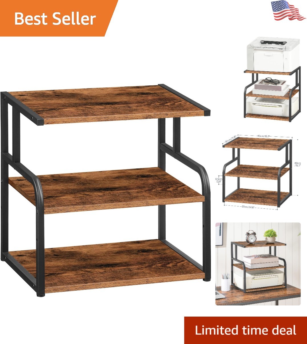 Compact 3-Tier Printer Storage Rack with Rustic Brown Finish - Home Organizer