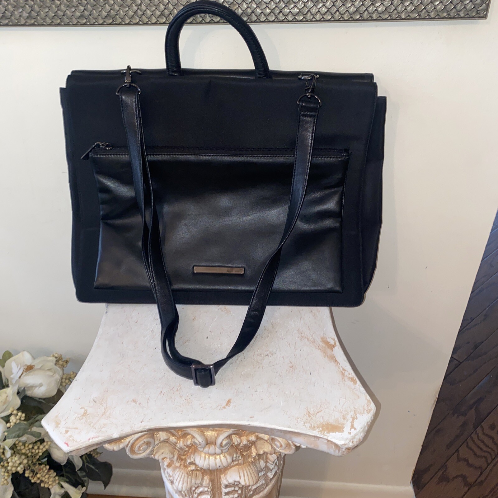 Wilsons Leather Pelle Studio Black Nylon Leather Briefcase Laptop Bag 17” Strap