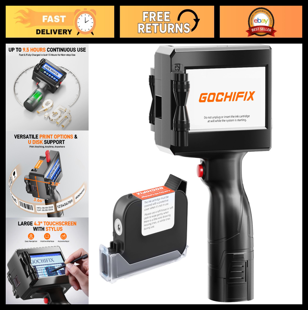 Portable Handheld Inkjet Printer with 4.3'' Touch Screen - Print Text, QR Codes,