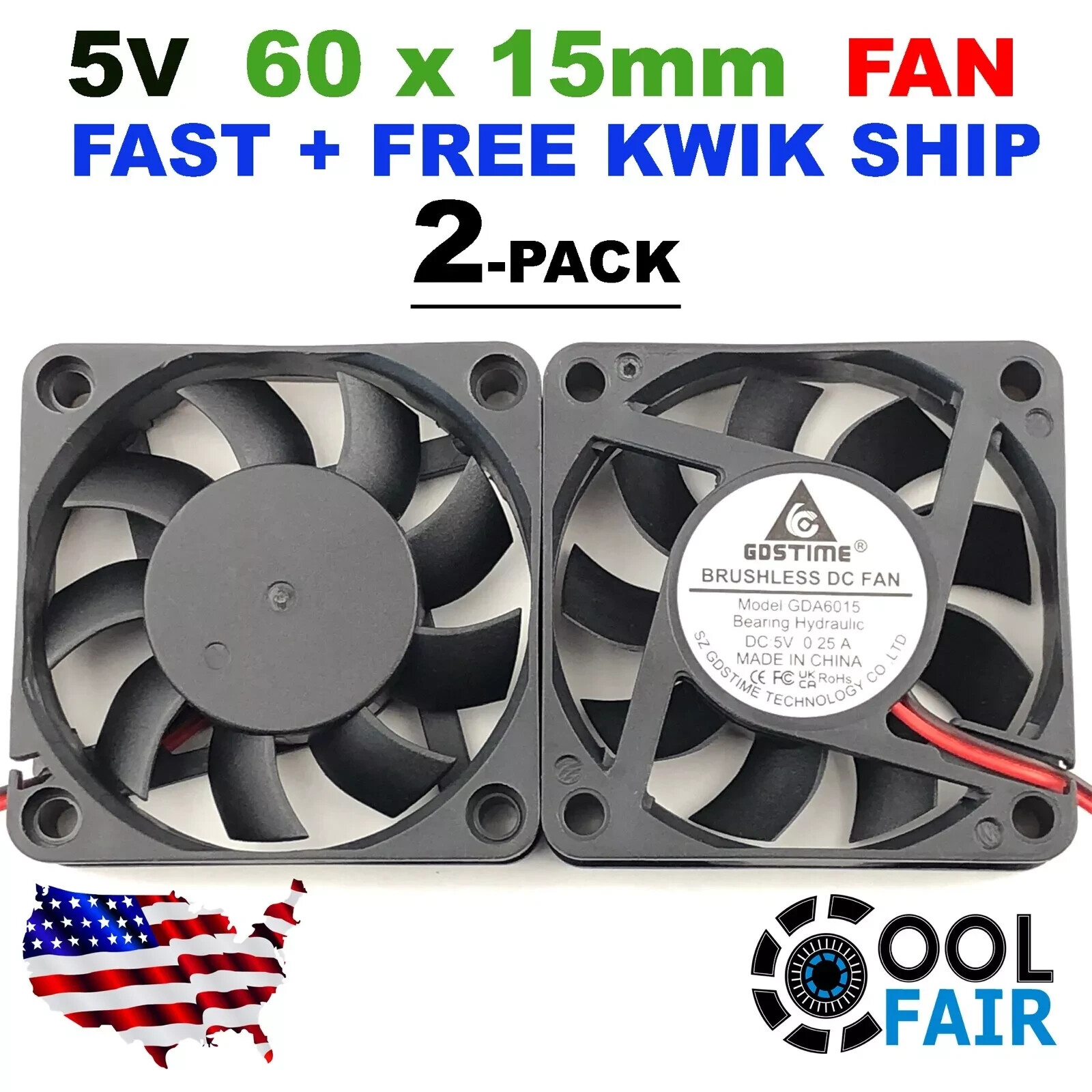 2 Pack GDSTIME 5v 6015 60mm x 60mm x 15mm 2PIN DC Cooling Fan Brushless A45