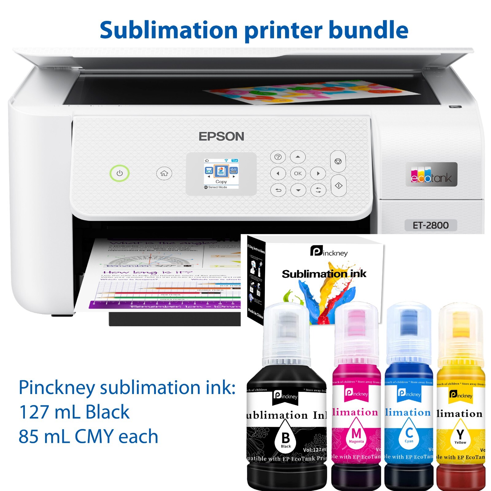Lightly Used Espon EcoTank Printer With Sublimation Ink Bottles Bundle - White