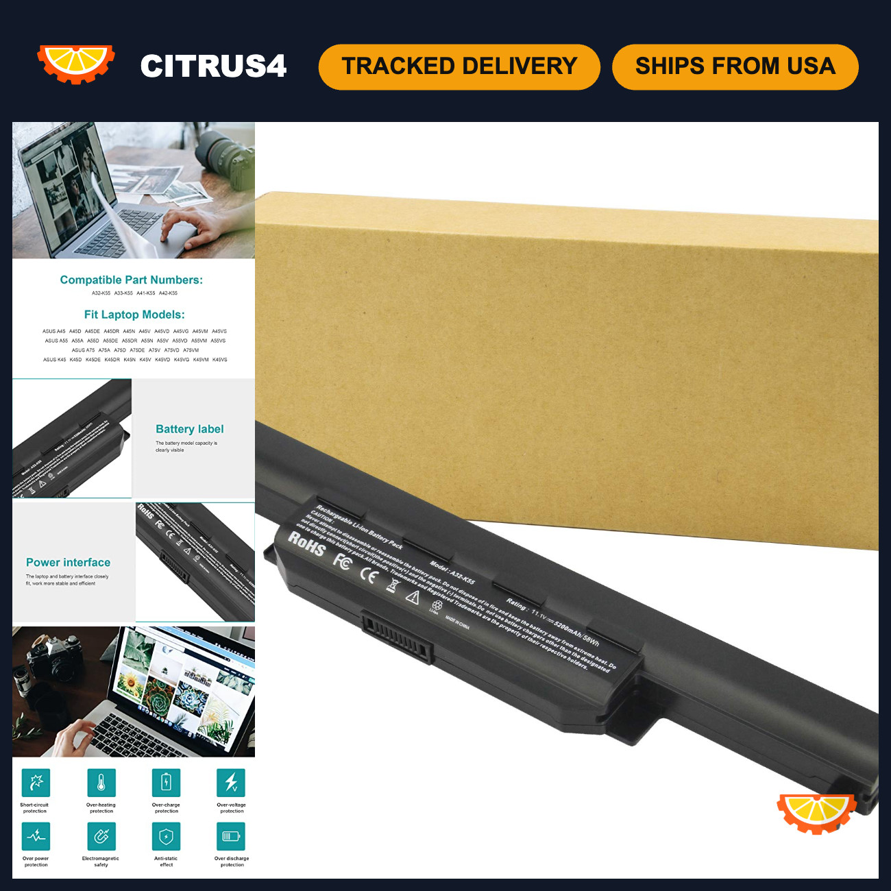 High-Capacity Laptop Battery for A32-K55 A33-K55 A41-K55 U57A A45 A75 K55N K45 K