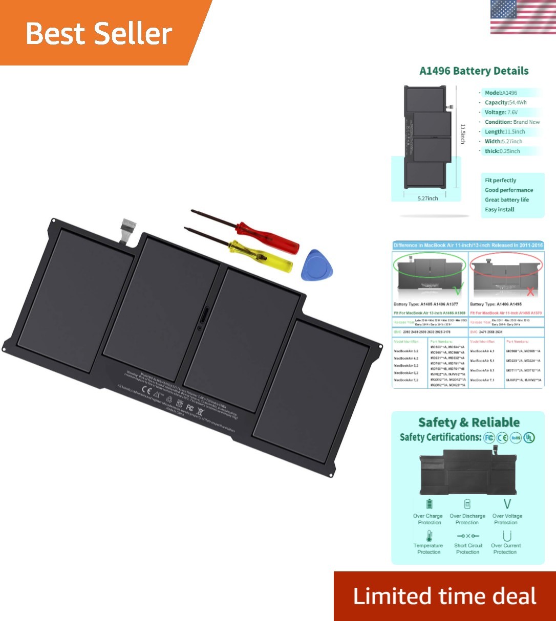Durable Lithium Polymer Battery A1405 for MacBook Air 13 inch - 60 Day Return