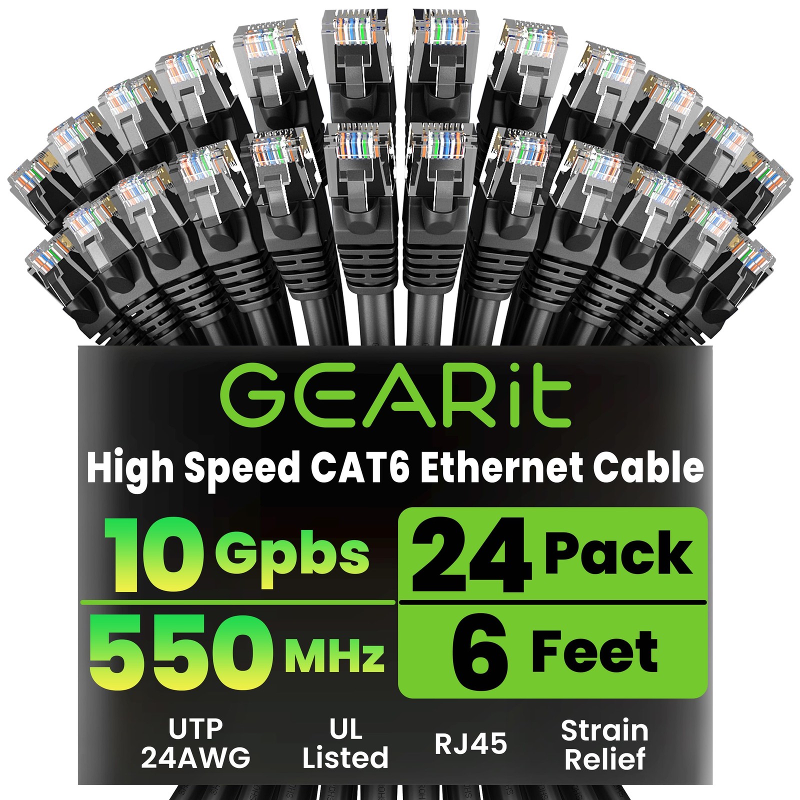 24 PCS Cat 6 Ethernet Patch Cables 6 ft Black High Speed 24AWG 10Gbps RJ45