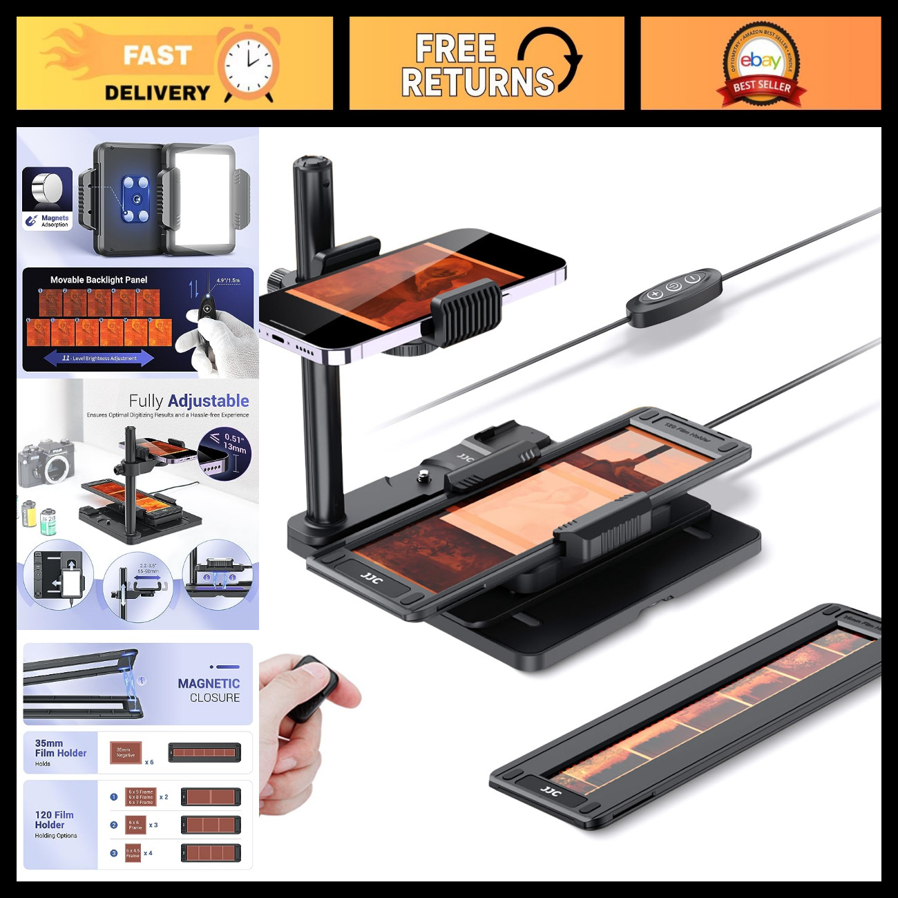 Mobile Film Scanner for 35mm & 120 Film to Digital, LED Backlight, Adjustable Cl