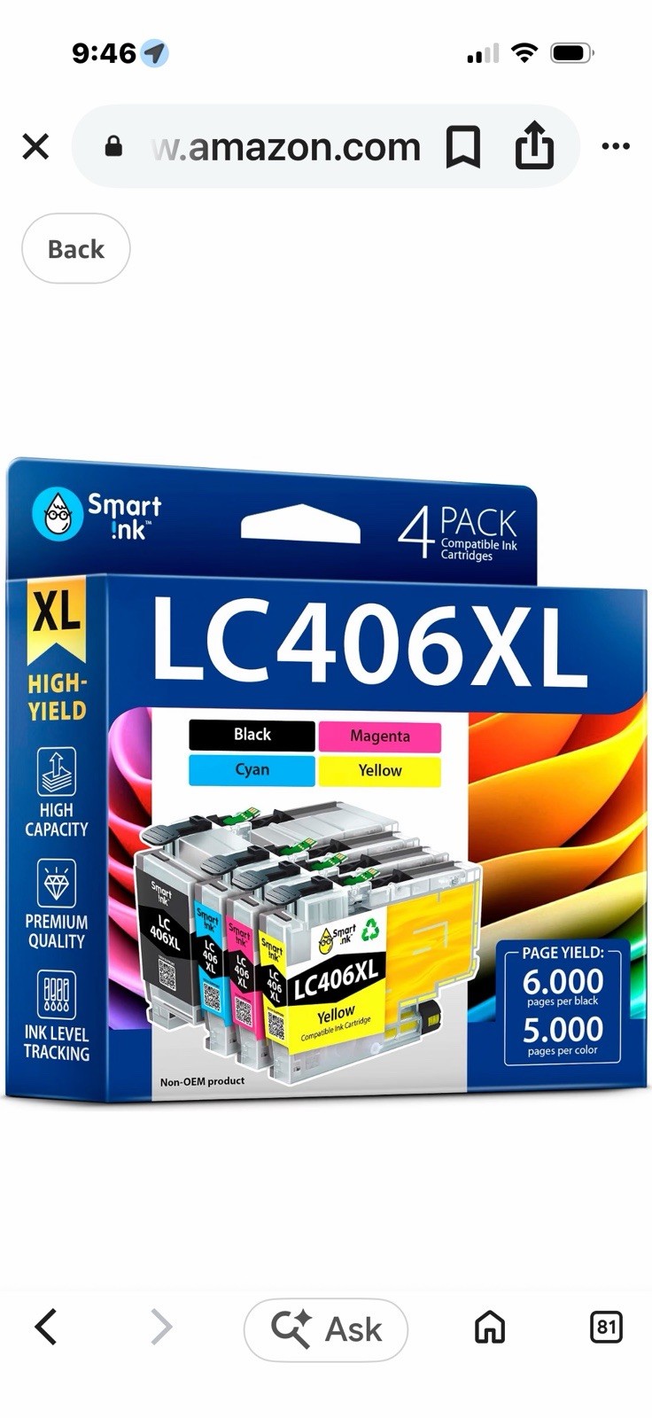 E-Z Ink LC406XL Ink Cartridges 4 Pack for Brother MFC-J4335DW J6955DW