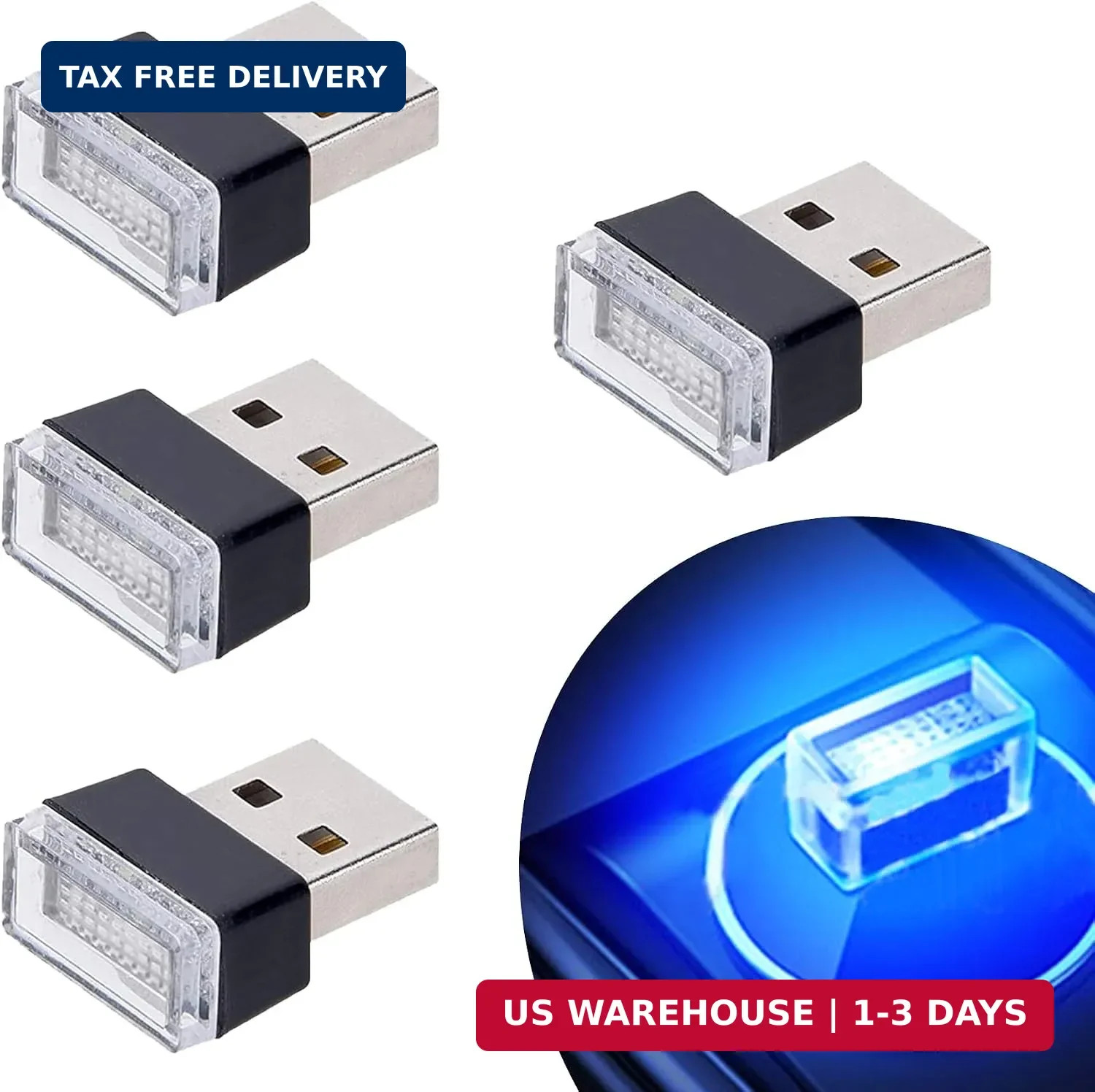 4Pcs Blue USB Car Interior Atmosphere Lamps, Universal Mini Led USB Li
