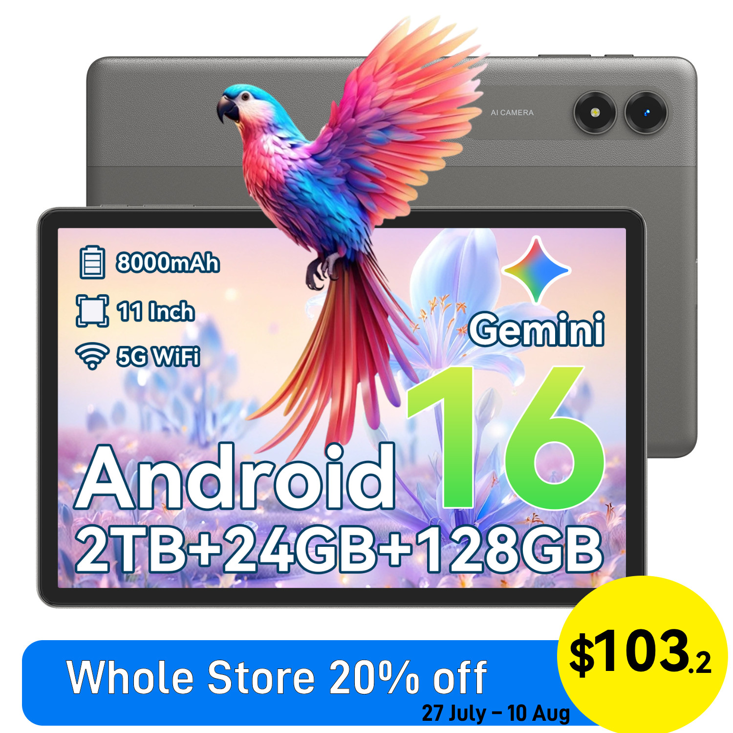 TABWEE T50 Android 16 AI Tablet 11 Inch 24GB+128GB 8000mAh 5G WiFi Dual Camera