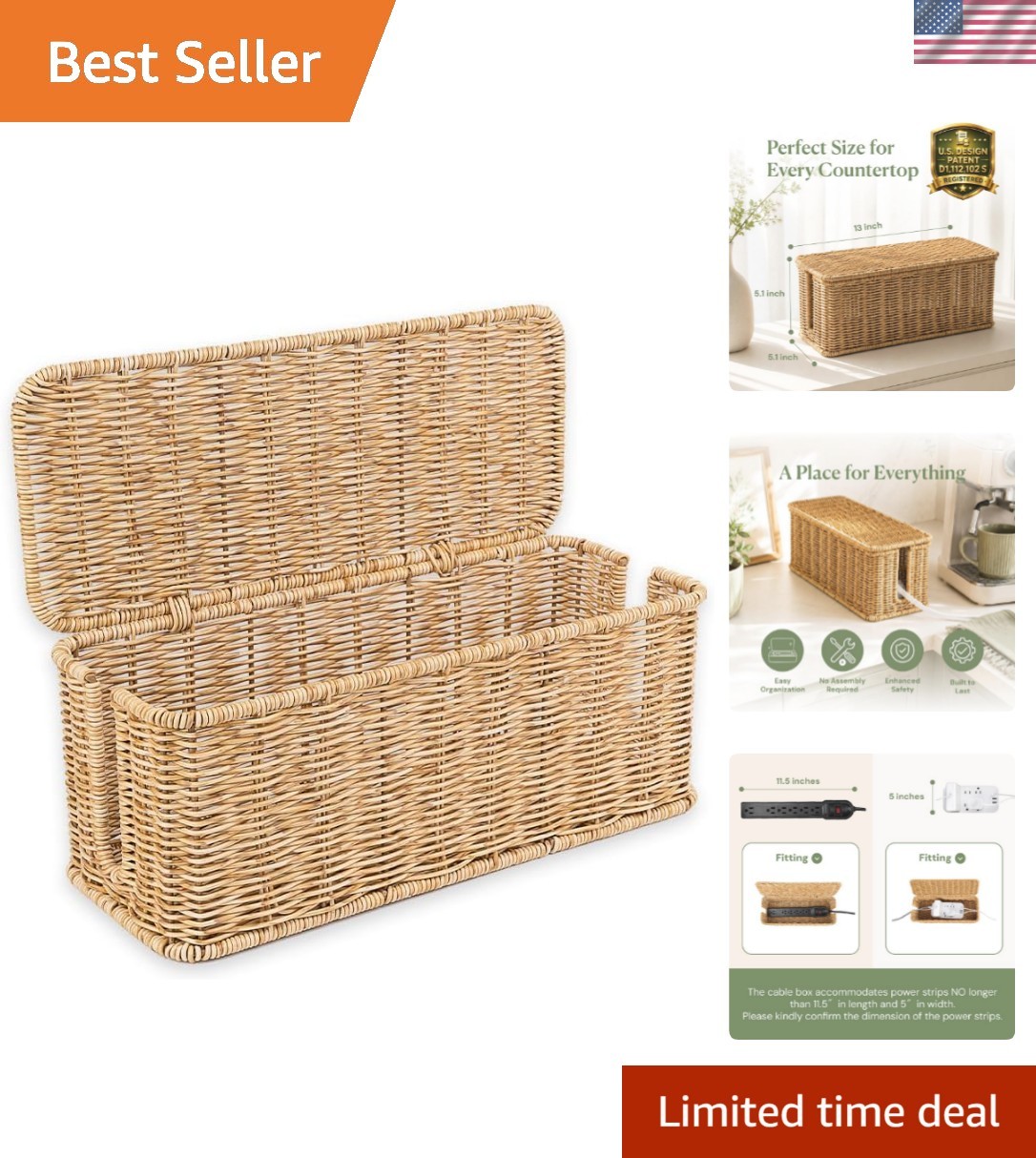 Cable Management Box, Handmade Rattan Cord Organizer for Power Strip | Open S...