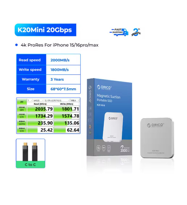 ORICO K20Mini Magnetic External SSD for iPhone 17 16 Pro/Max ProRes 2000MB/s 