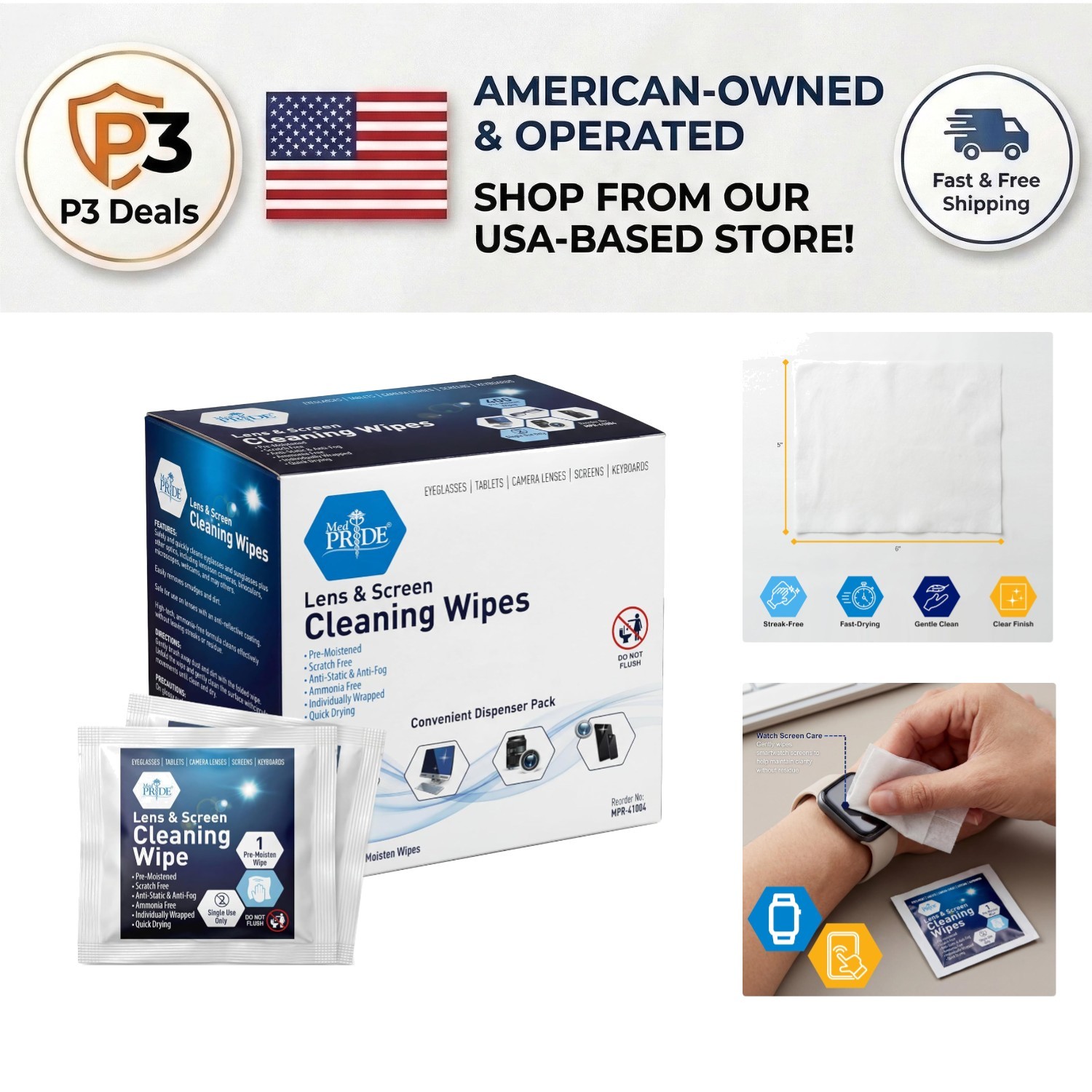 Quick-Dry 200 Count Screen & Eyeglass Cleaning Wipes - Smudge-Free Formula