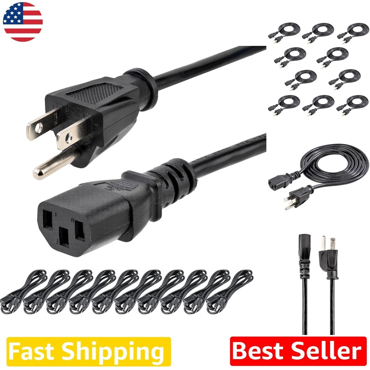 Durable 6ft Computer Power Cord 10 Pack NEMA 5-15 to C13 - 18 AWG  Certified