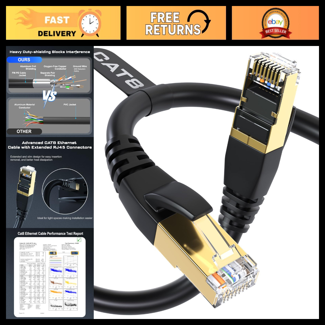 High-Speed Cat 8 Ethernet Cable 60FT, 40Gbps, 2000MHz RJ45 LAN Network Cable