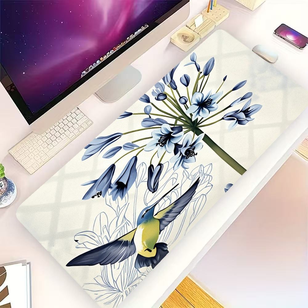 2D Flat Multifunctional Desk Mat, Blue And White Floral Hummingbird Pattern, E