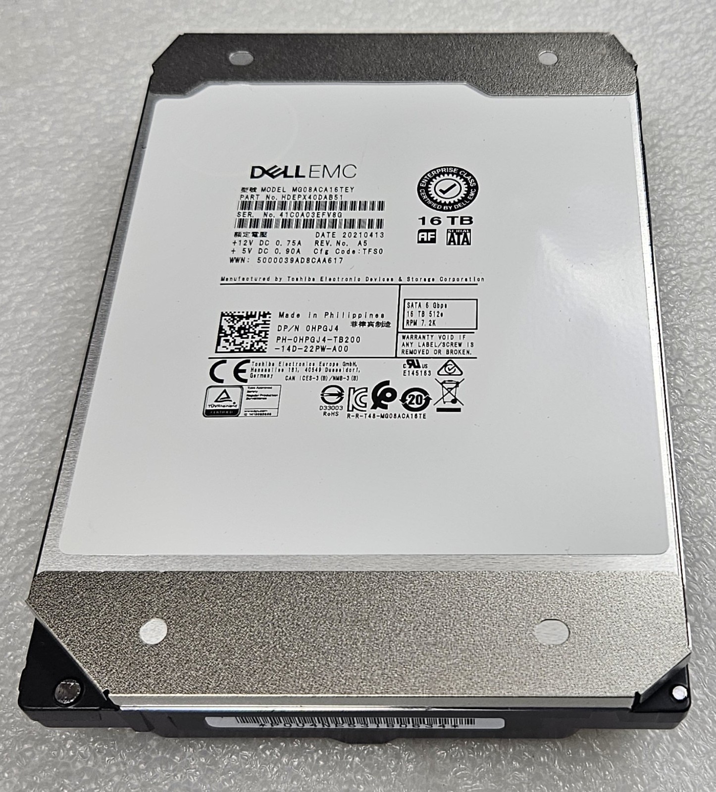 Dell 0HPGJ4 Toshiba MG08ACA16TEY 16TB 7.2K RPM 512e 6Gb/s 3.5" SATA HDD