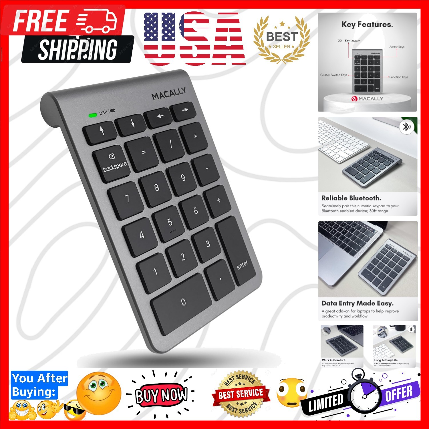 Bluetooth Number Pad for Laptop - Wireless Numeric Keypad - 22 Key Numeric Ke...