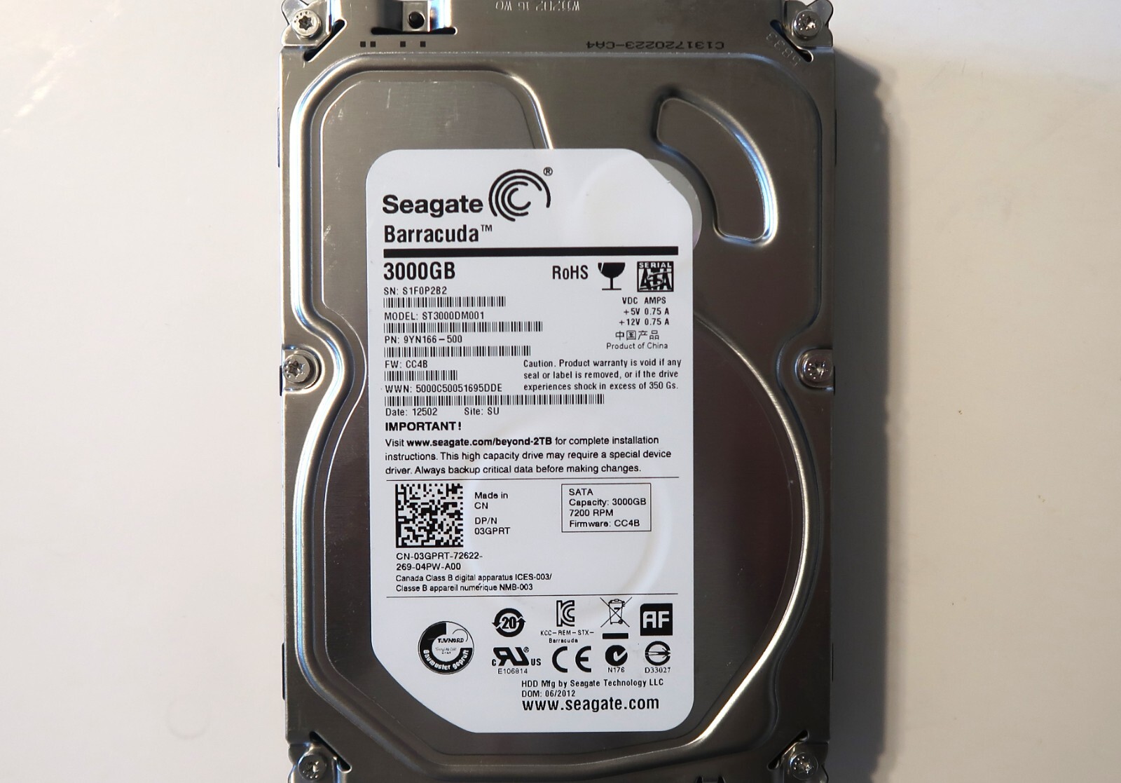 Seagate ST3000DM001 9YN166-500 CC4B SU China (S1F) 3.5" 3.0TB Sata HDD 06/2012