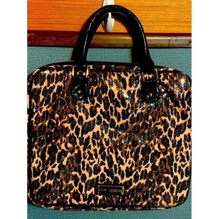 Betsey Johnson Leopard Sequin Laptop Bag Briefcase Brown Black Patent Trim