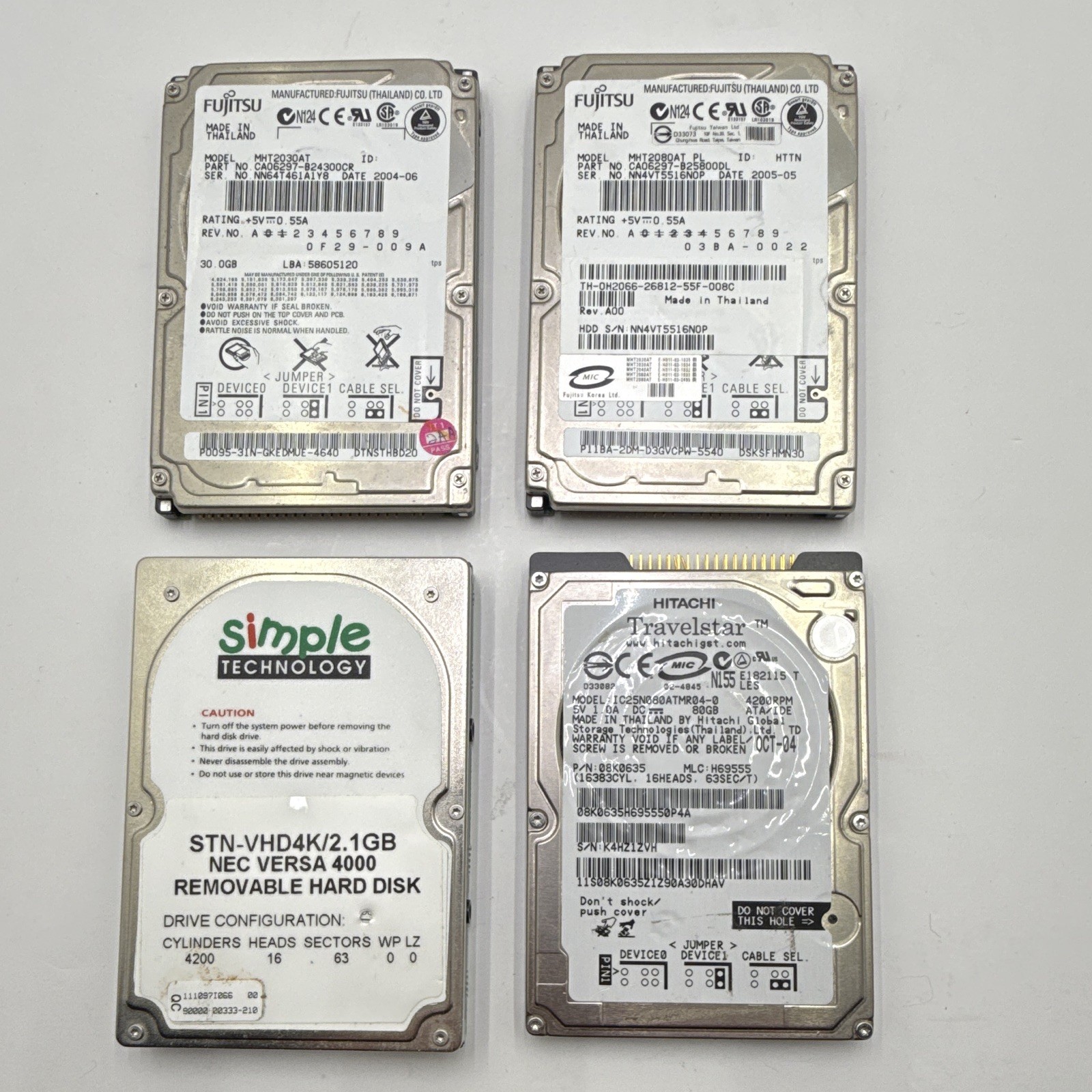 Vintage IDE Laptop Hard Drive Lot Fujitsu 30GB 80GB Hitachi 80GB SimpleTech NEC