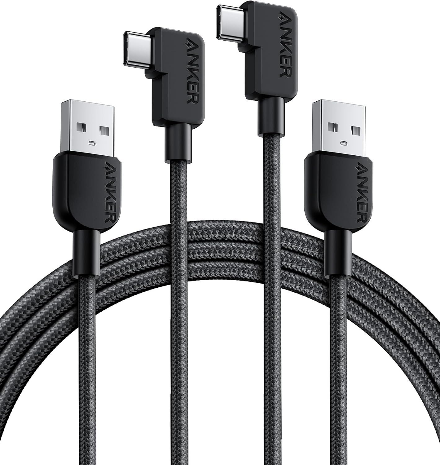 Anker Cable [2 Pack 6FT], Right Angle USB A to C Braided Cable, Black 