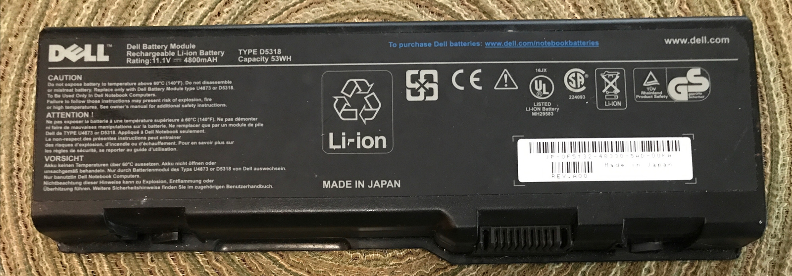 Dell Battery Used Type U4873 D5318 Made In Japan Pulled fro a Dell Laptop